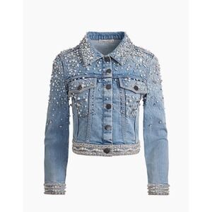 Alice + & Olivia Nelson Crystal Embellished Cropped Denim Jean Jacket Small Blue